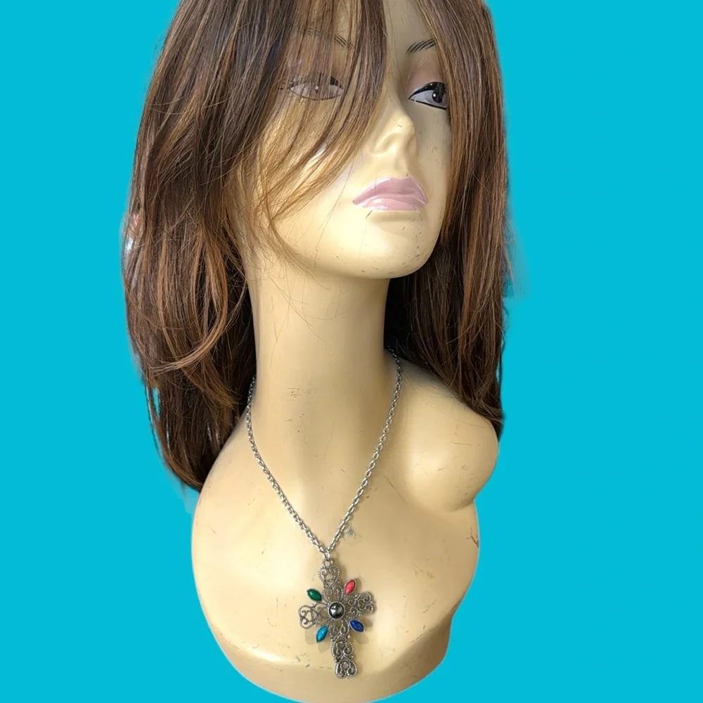 VTG AVON ROMANESQUE CROSS SILVER LONG CHAIN OPEN WORK‎ FILIGREE NECKLACE